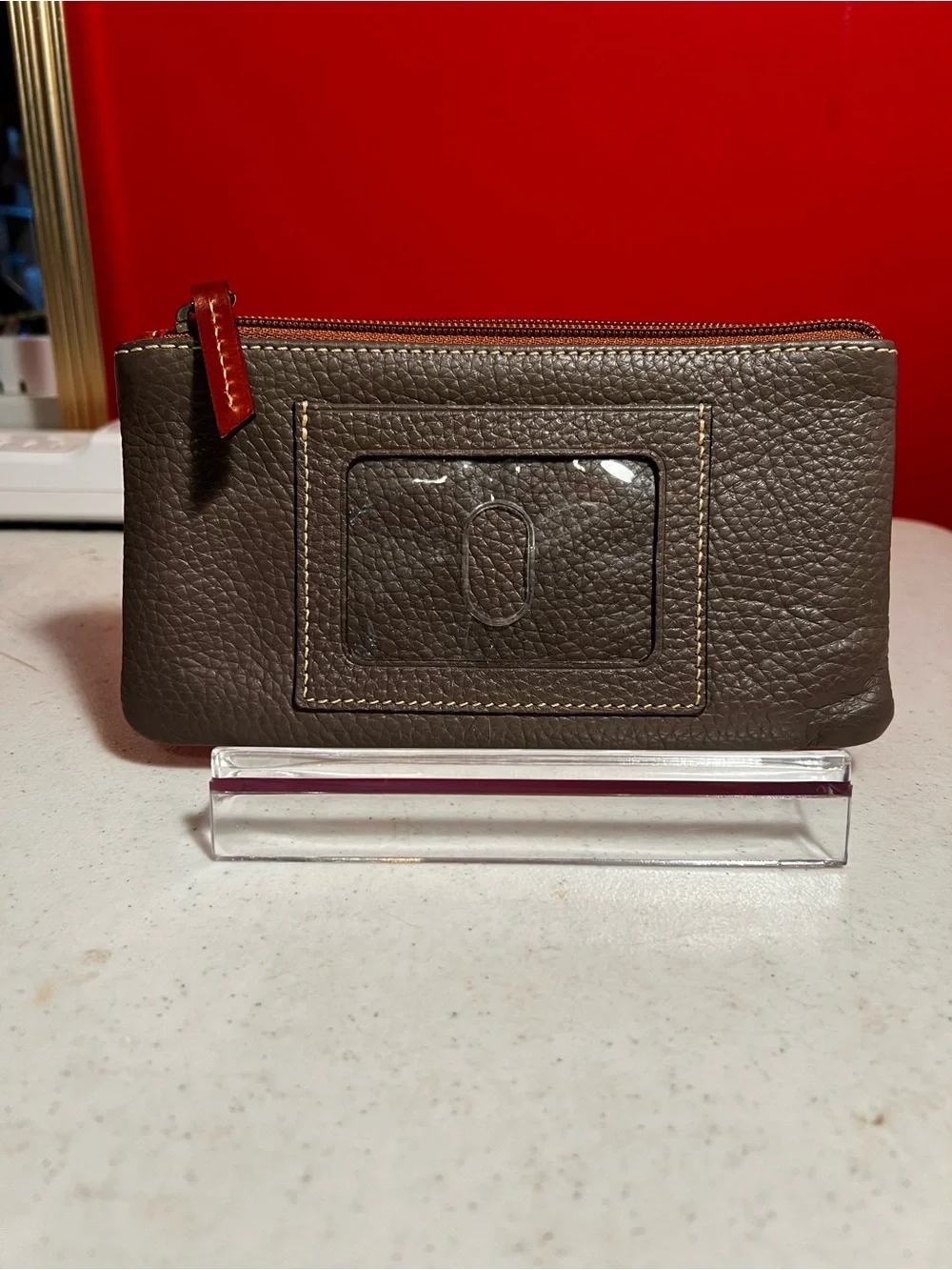 Dooney & Bourke Gray Pebble Leather Toiletry Pouch with Tan Logo Patch